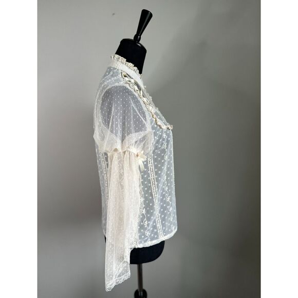 Vintage Women's Cream Lace Edwardian Inspired Sheer Lace Bell Sleeve Top Size S - Picture 6 of 8